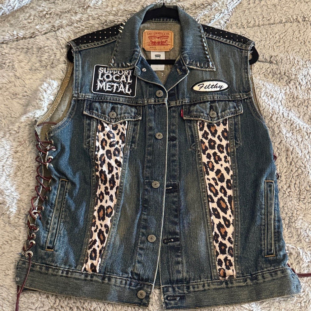 Studded Denim Battle Vest with Leopard Print. Custom made. So METAL🤘🤘🤘🤘🤘